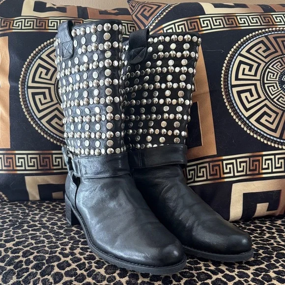Stuart Weitzman Black Studded Moto Boots - Picture 1 of 13